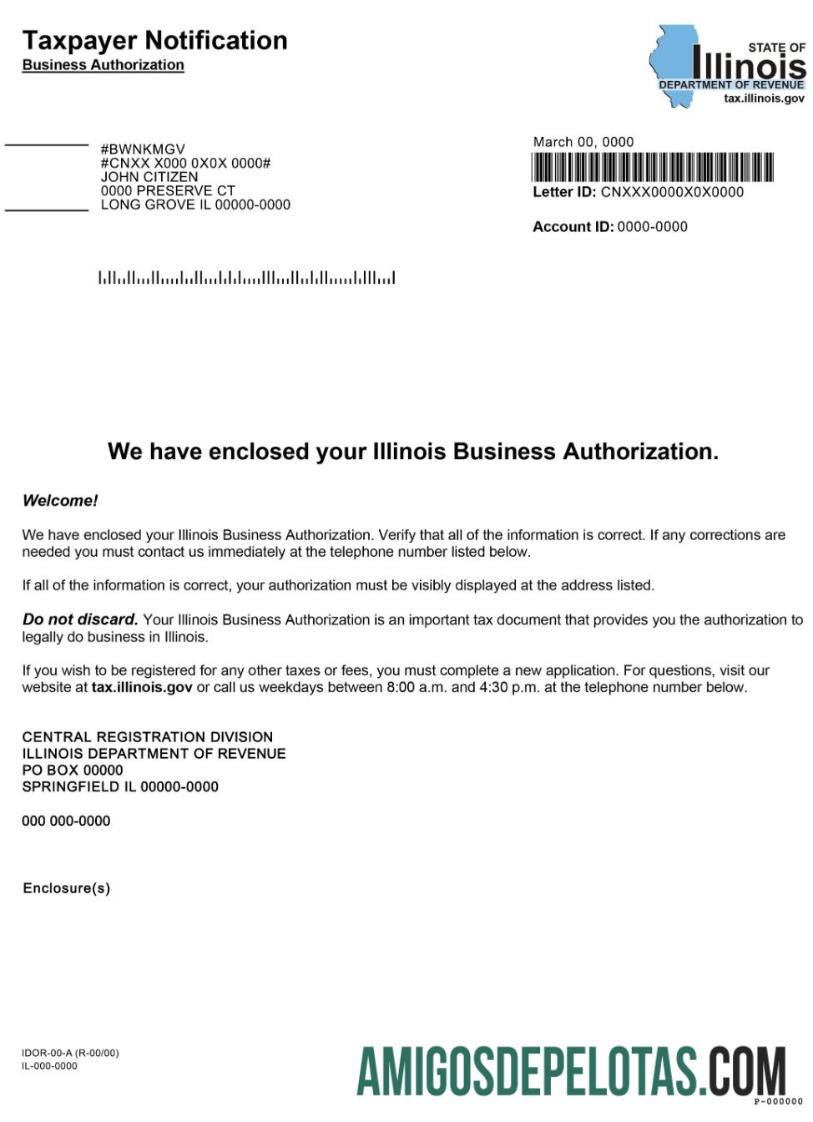 Autorização comercial nos EUA Illinois, certificado de registro 1 exemplo real